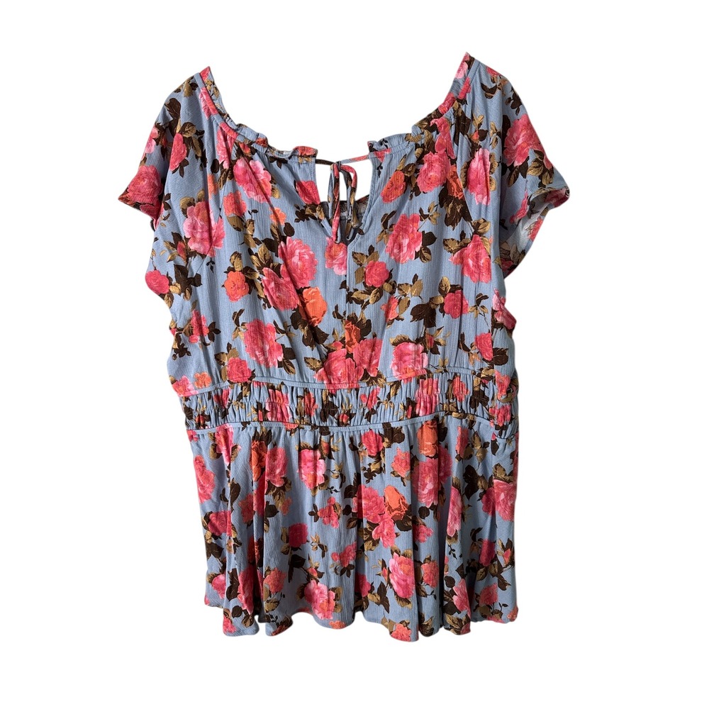 Torrid Floral Print‎ Blouse Smocked Waist Tie Back Plus Size Top 3